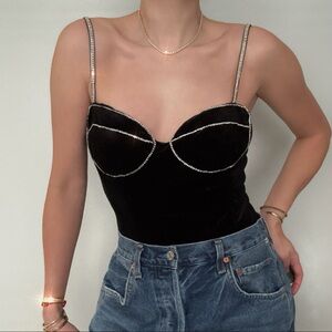 Zara Black Velvet Bodysuit Sparkly Rhinestone Embellished Size L NWT